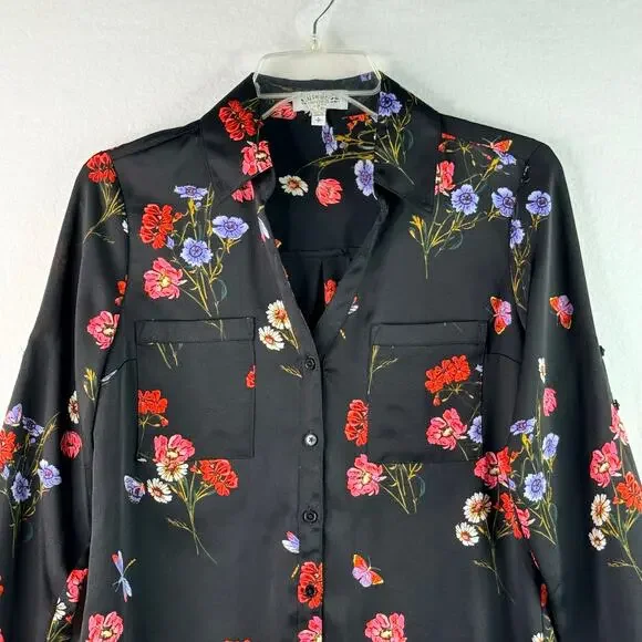 Express The Portofino Shirt Slim Fit Floral Long Sleeve Blouse Black Red Small - Picture 2 of 13